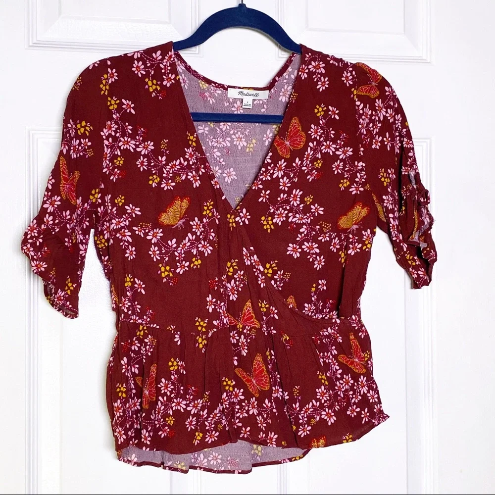 Madewell Tie Sleeve Wrap Top Butterfly Print - Picture 2 of 10